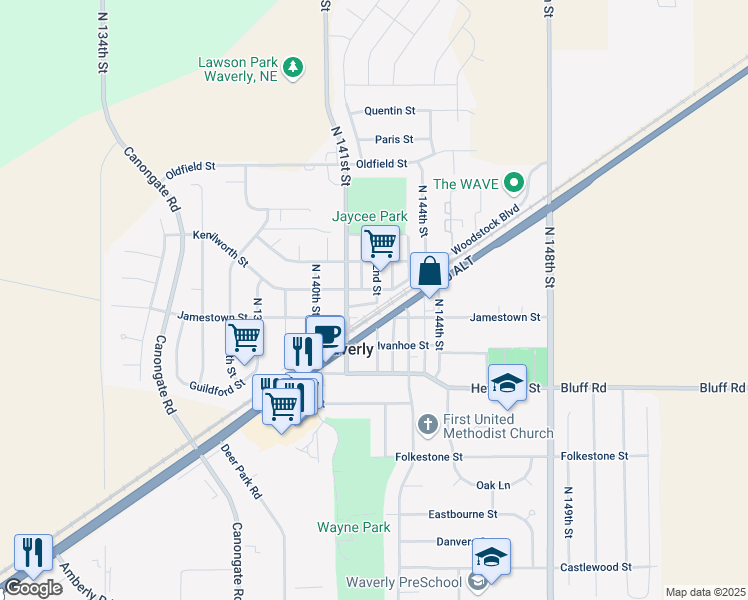 map of restaurants, bars, coffee shops, grocery stores, and more near 10741 North 142nd Street in Waverly