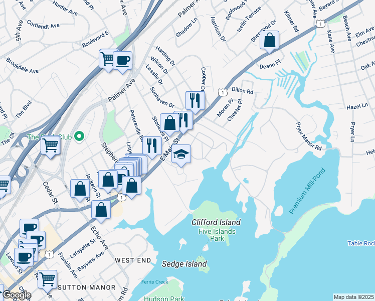 map of restaurants, bars, coffee shops, grocery stores, and more near 30 Seaview Avenue in New Rochelle