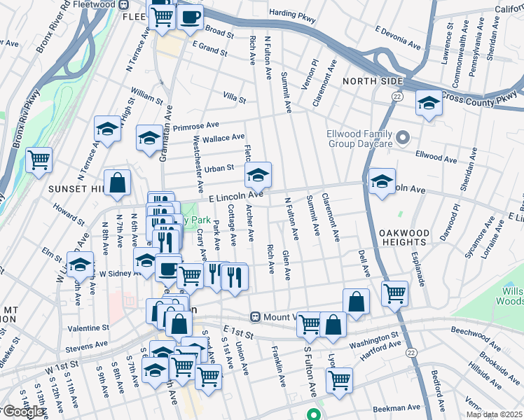 map of restaurants, bars, coffee shops, grocery stores, and more near 170 Rich Avenue in Mount Vernon