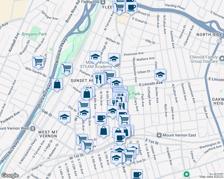 map of restaurants, bars, coffee shops, grocery stores, and more near 223 North 6th Avenue in Mount Vernon