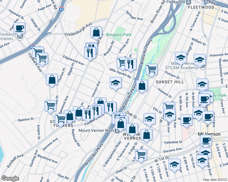 map of restaurants, bars, coffee shops, grocery stores, and more near 54 Villa Avenue in Yonkers