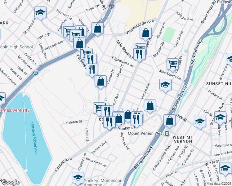 map of restaurants, bars, coffee shops, grocery stores, and more near 83 Ridgewood Avenue in Yonkers