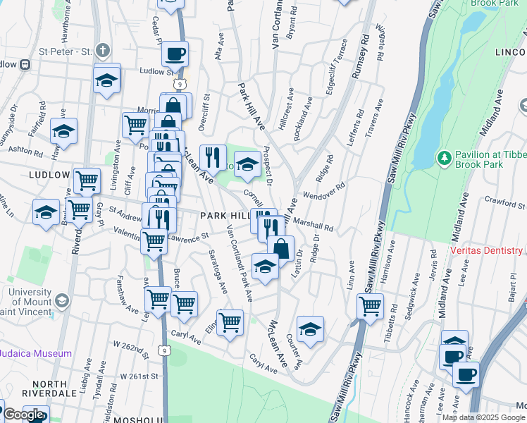map of restaurants, bars, coffee shops, grocery stores, and more near 11 Prospect Drive in Yonkers