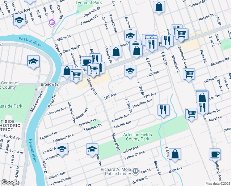 map of restaurants, bars, coffee shops, grocery stores, and more near 18 16th Avenue in Elmwood Park