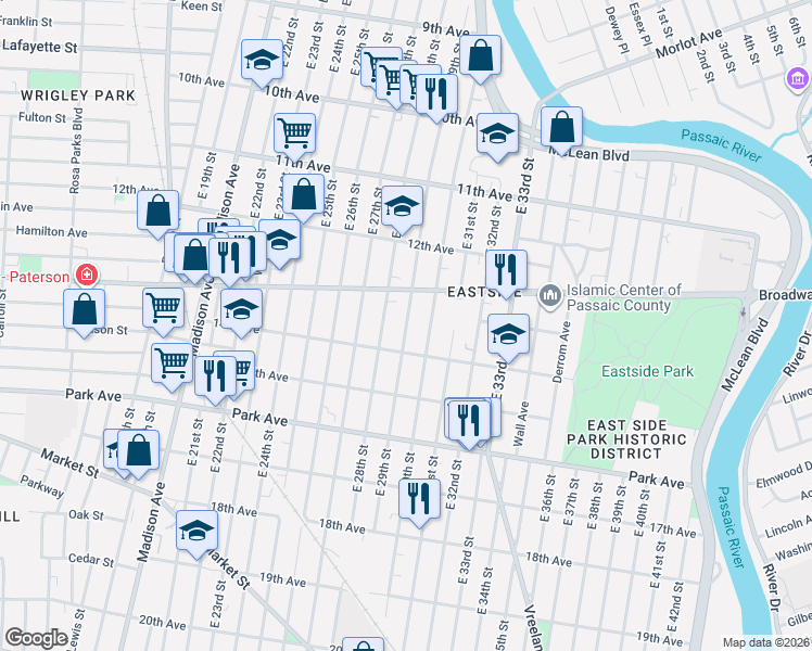 map of restaurants, bars, coffee shops, grocery stores, and more near 573 East 28th Street in Paterson