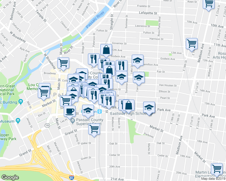 map of restaurants, bars, coffee shops, grocery stores, and more near 207 Straight Street in Paterson