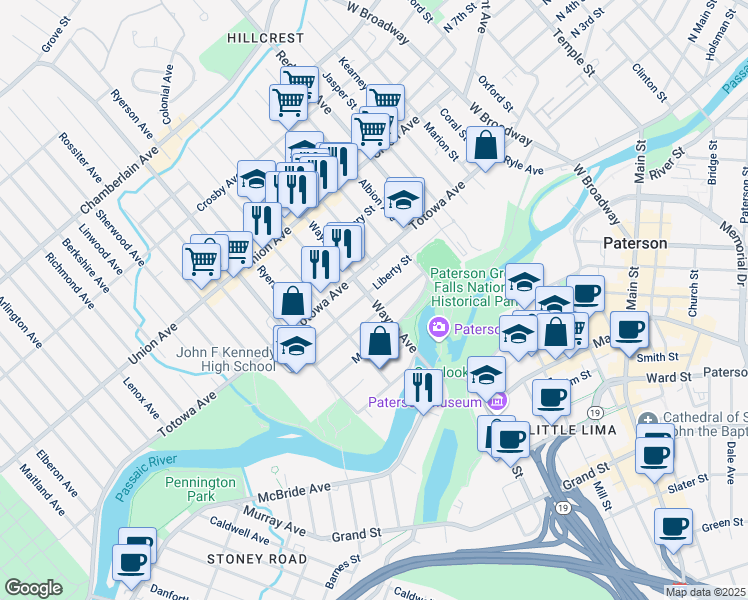 map of restaurants, bars, coffee shops, grocery stores, and more near 58 Wayne Avenue in Paterson