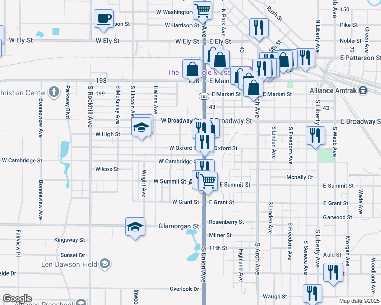 map of restaurants, bars, coffee shops, grocery stores, and more near 27 West Cambridge Street in Alliance