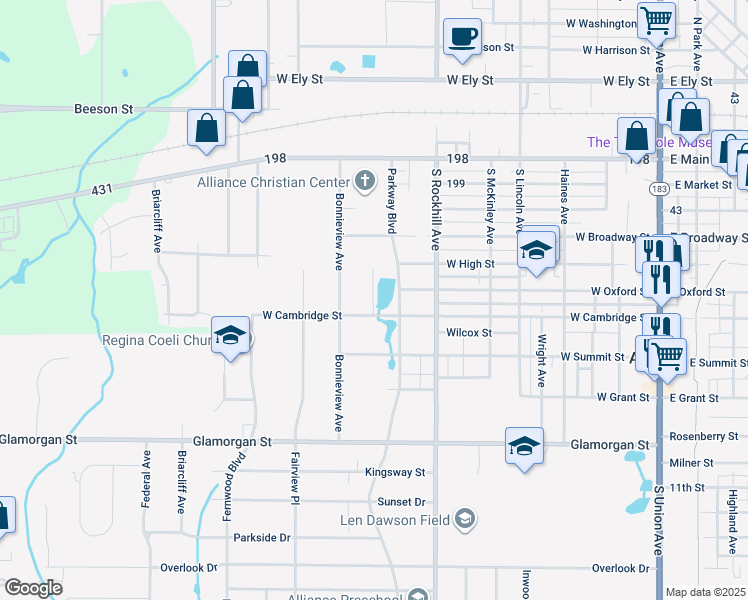 map of restaurants, bars, coffee shops, grocery stores, and more near 573 Lakeview Avenue in Alliance
