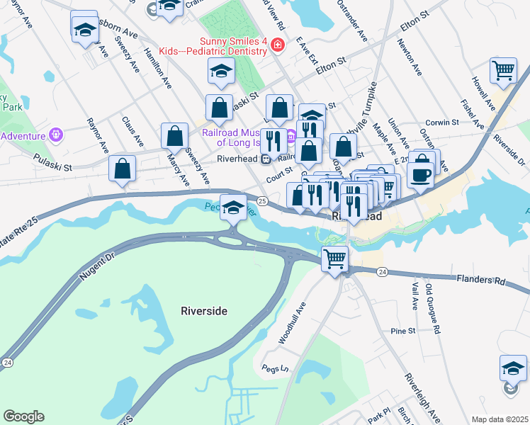 map of restaurants, bars, coffee shops, grocery stores, and more near 305 West Main Street in Riverhead