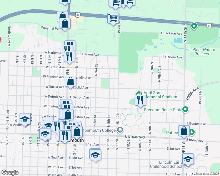 map of restaurants, bars, coffee shops, grocery stores, and more near 515 East Euclid Avenue in Monmouth