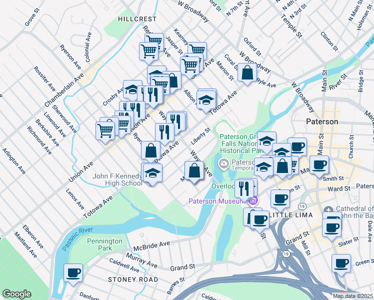 map of restaurants, bars, coffee shops, grocery stores, and more near 58 Wayne Avenue in Paterson