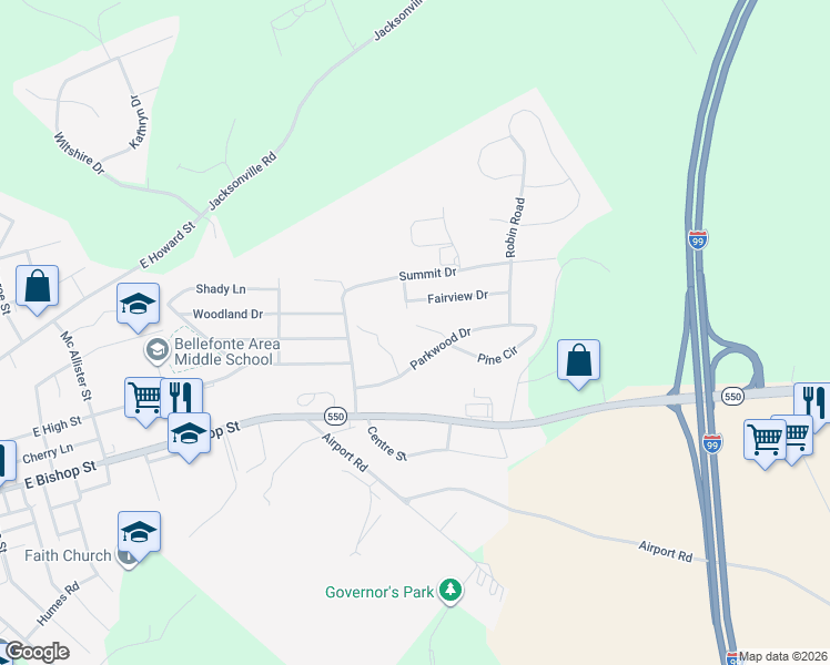 map of restaurants, bars, coffee shops, grocery stores, and more near 1200-1270 Pine Circle in Bellefonte