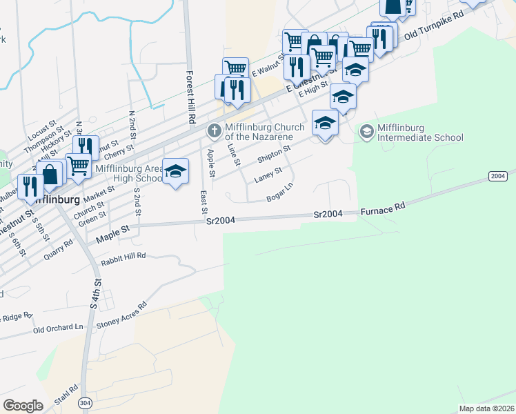 map of restaurants, bars, coffee shops, grocery stores, and more near 44 Maple Street in Mifflinburg