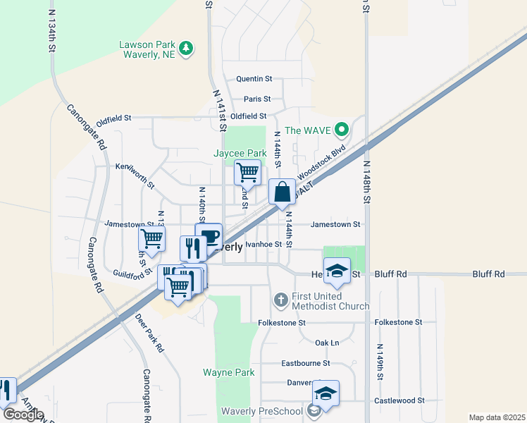 map of restaurants, bars, coffee shops, grocery stores, and more near in Waverly