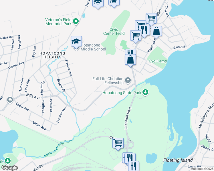 map of restaurants, bars, coffee shops, grocery stores, and more near 39 Brooklyn-Stanhope Road in Stanhope