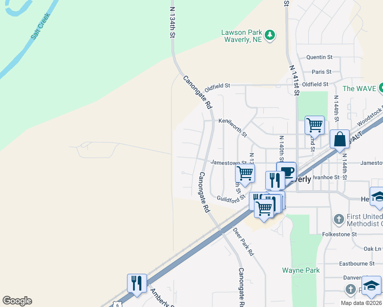 map of restaurants, bars, coffee shops, grocery stores, and more near 13430 Jamestown Street in Waverly
