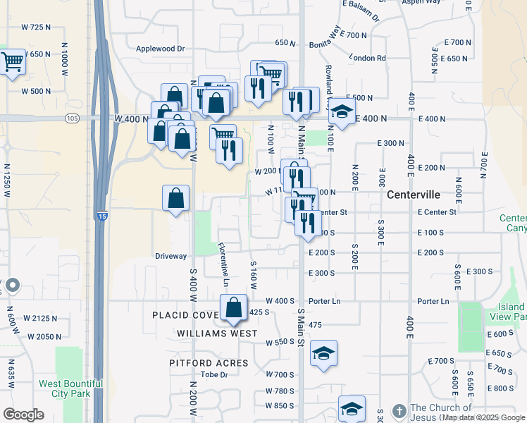 map of restaurants, bars, coffee shops, grocery stores, and more near 210 West 115 North in Centerville