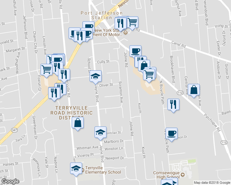 map of restaurants, bars, coffee shops, grocery stores, and more near 3 Douglas Street in Port Jefferson Station