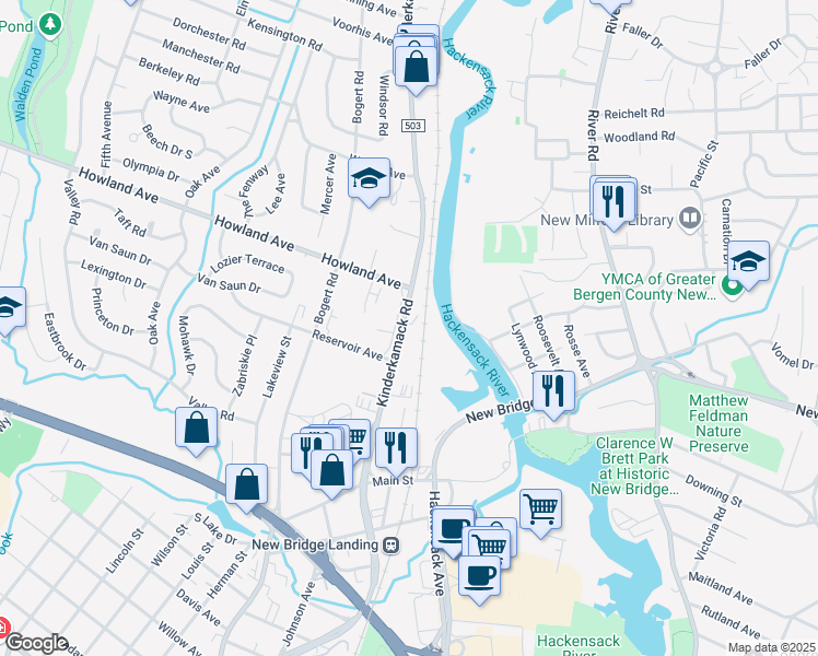 map of restaurants, bars, coffee shops, grocery stores, and more near 280 Kinderkamack Road in River Edge