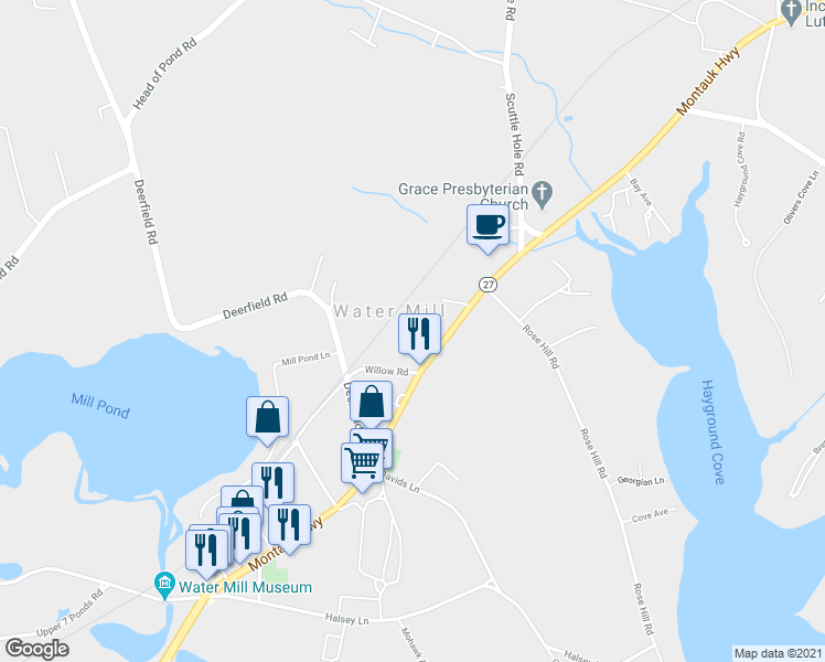 map of restaurants, bars, coffee shops, grocery stores, and more near 1040 Montauk Highway in Water Mill
