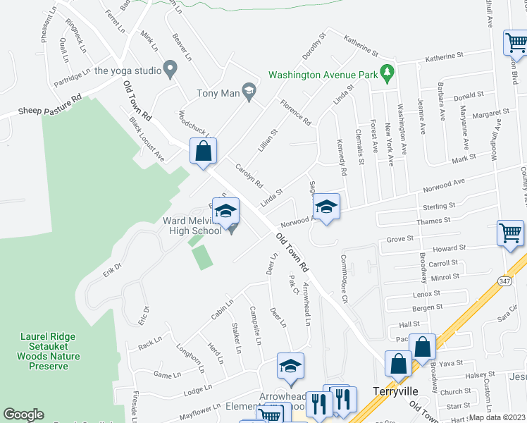 map of restaurants, bars, coffee shops, grocery stores, and more near 379 Old Town Road in Port Jefferson Station
