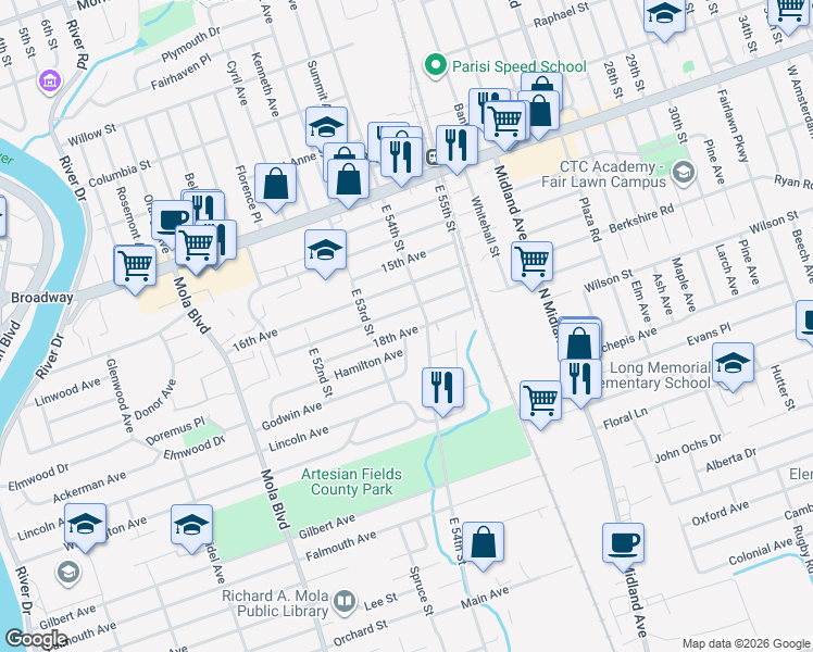 map of restaurants, bars, coffee shops, grocery stores, and more near 102 18th Avenue in Elmwood Park
