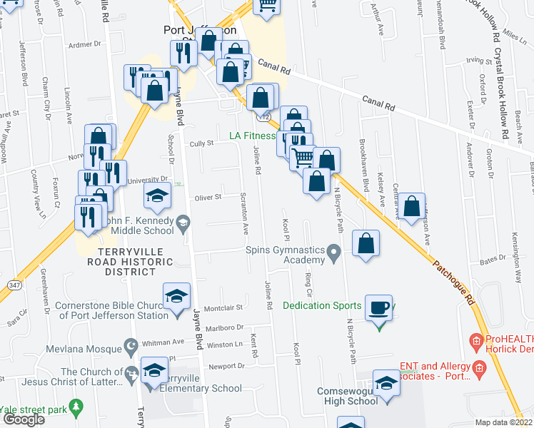 map of restaurants, bars, coffee shops, grocery stores, and more near 82 Joline Road in Port Jefferson Station