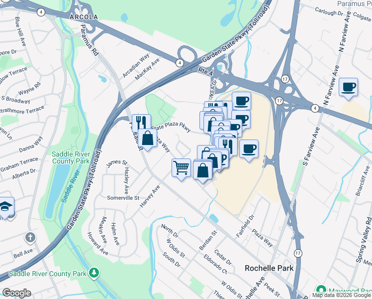 map of restaurants, bars, coffee shops, grocery stores, and more near 125 Arcola Avenue in Paramus