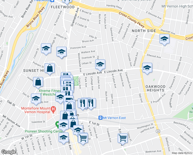 map of restaurants, bars, coffee shops, grocery stores, and more near 159 Cottage Avenue in Mount Vernon