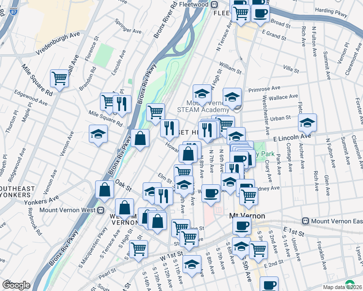 map of restaurants, bars, coffee shops, grocery stores, and more near 26 Howard Street in Mount Vernon