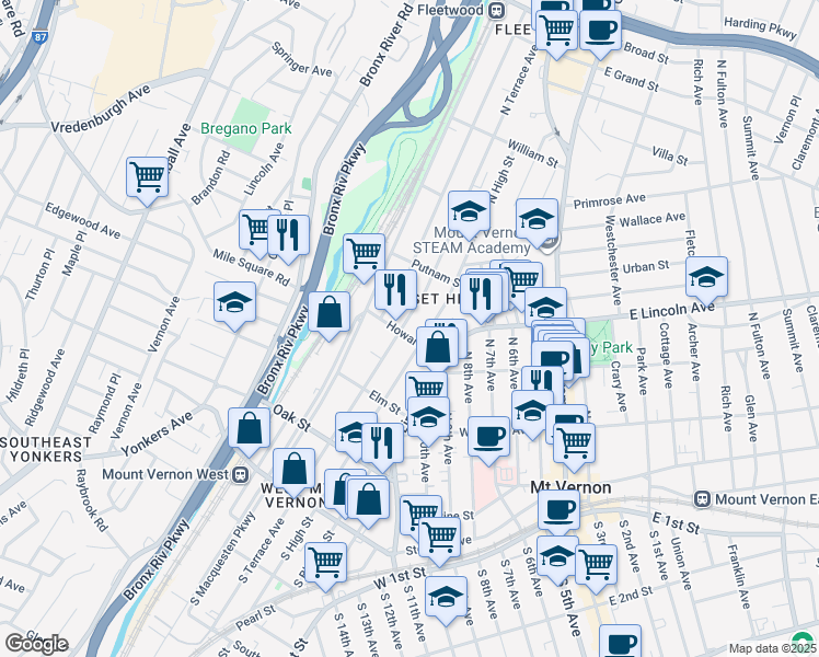 map of restaurants, bars, coffee shops, grocery stores, and more near 26 Howard Street in Mount Vernon