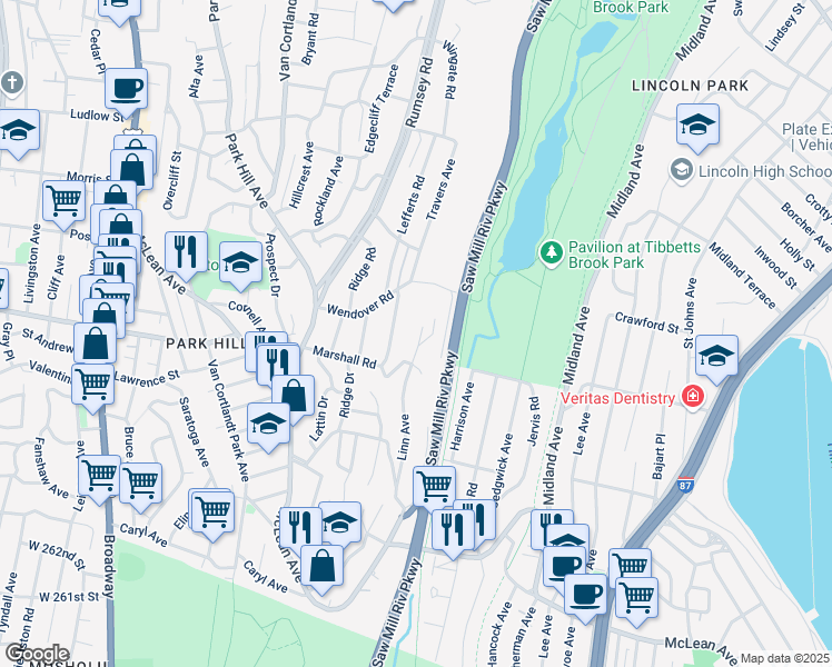 map of restaurants, bars, coffee shops, grocery stores, and more near 44 Ritchie Drive in Yonkers