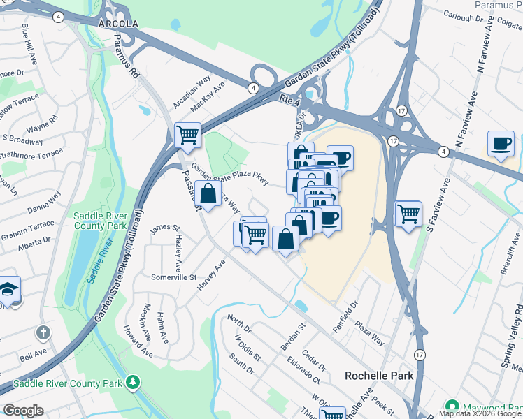 map of restaurants, bars, coffee shops, grocery stores, and more near 125 Arcola Avenue in Paramus
