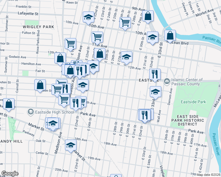 map of restaurants, bars, coffee shops, grocery stores, and more near 606 East 27th Street in Paterson