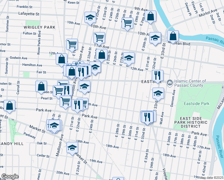 map of restaurants, bars, coffee shops, grocery stores, and more near 606 East 27th Street in Paterson