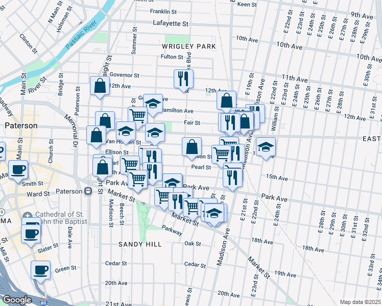 map of restaurants, bars, coffee shops, grocery stores, and more near 426 Ellison Street in Paterson