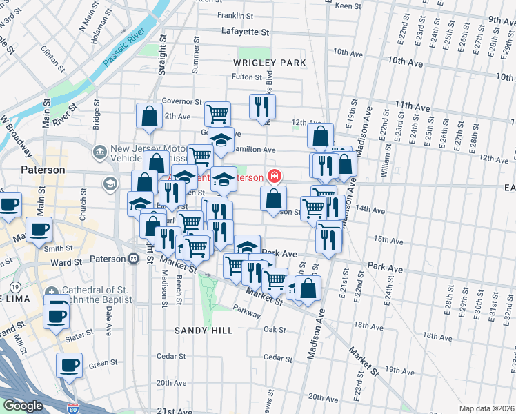 map of restaurants, bars, coffee shops, grocery stores, and more near 396 Ellison Street in Paterson