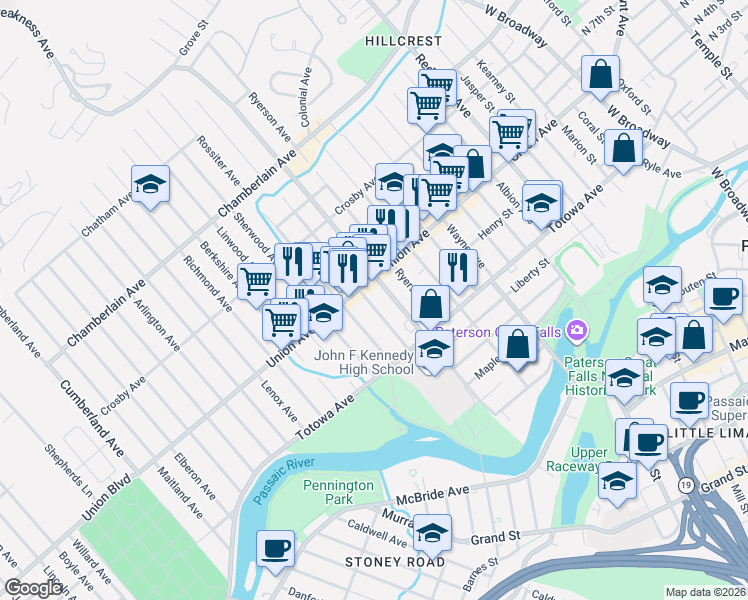map of restaurants, bars, coffee shops, grocery stores, and more near 182 Edmund Avenue in Paterson