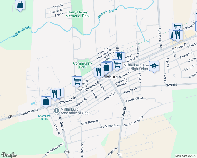 map of restaurants, bars, coffee shops, grocery stores, and more near 451 Chestnut Street in Mifflinburg