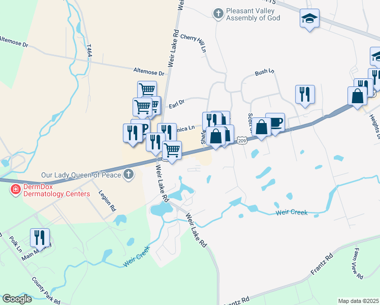 map of restaurants, bars, coffee shops, grocery stores, and more near 36 U.S. 209 in Brodheadsville