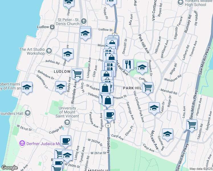 map of restaurants, bars, coffee shops, grocery stores, and more near 15 Saint Andrews Place in Yonkers