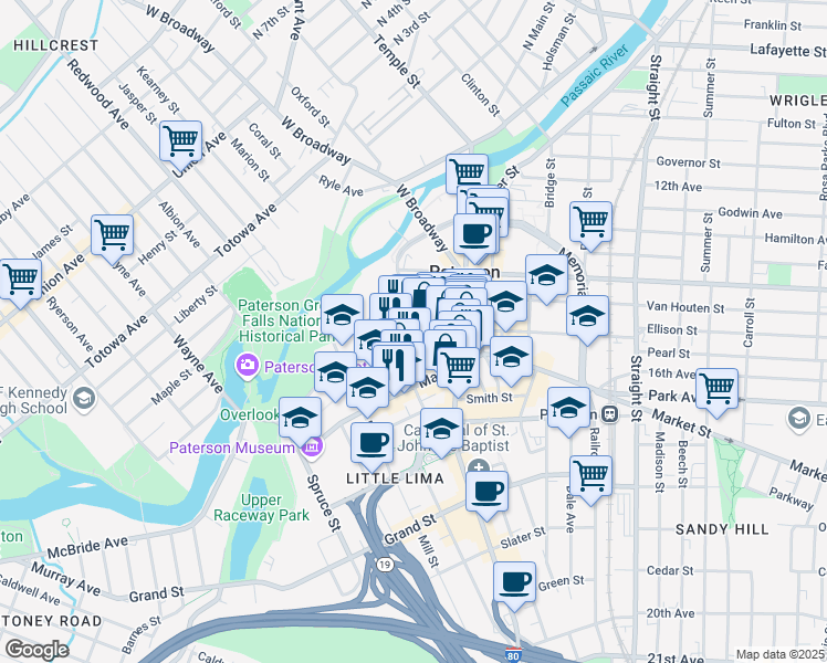 map of restaurants, bars, coffee shops, grocery stores, and more near in Paterson