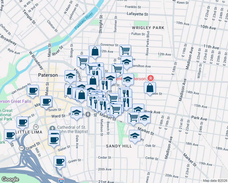 map of restaurants, bars, coffee shops, grocery stores, and more near in Paterson