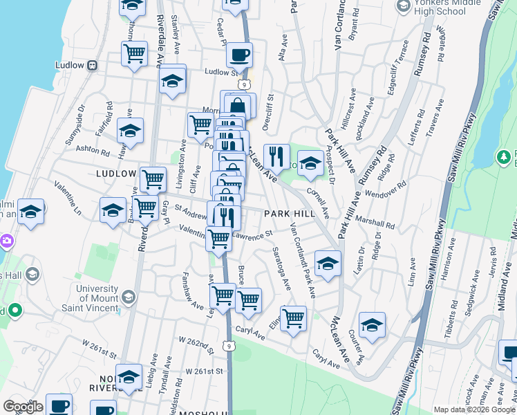 map of restaurants, bars, coffee shops, grocery stores, and more near 36 Radford Street in Yonkers
