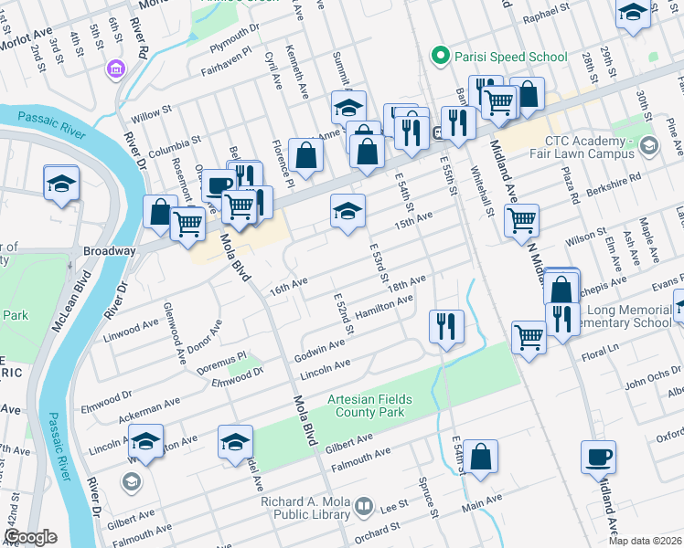 map of restaurants, bars, coffee shops, grocery stores, and more near 47 17th Avenue in Elmwood Park