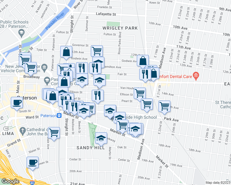 map of restaurants, bars, coffee shops, grocery stores, and more near 403 Ellison Street in Paterson