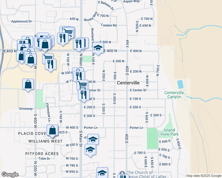map of restaurants, bars, coffee shops, grocery stores, and more near 269 East Center Street in Centerville