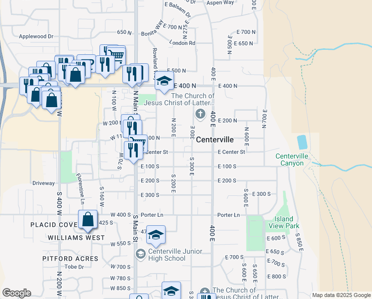 map of restaurants, bars, coffee shops, grocery stores, and more near 269 East Center Street in Centerville