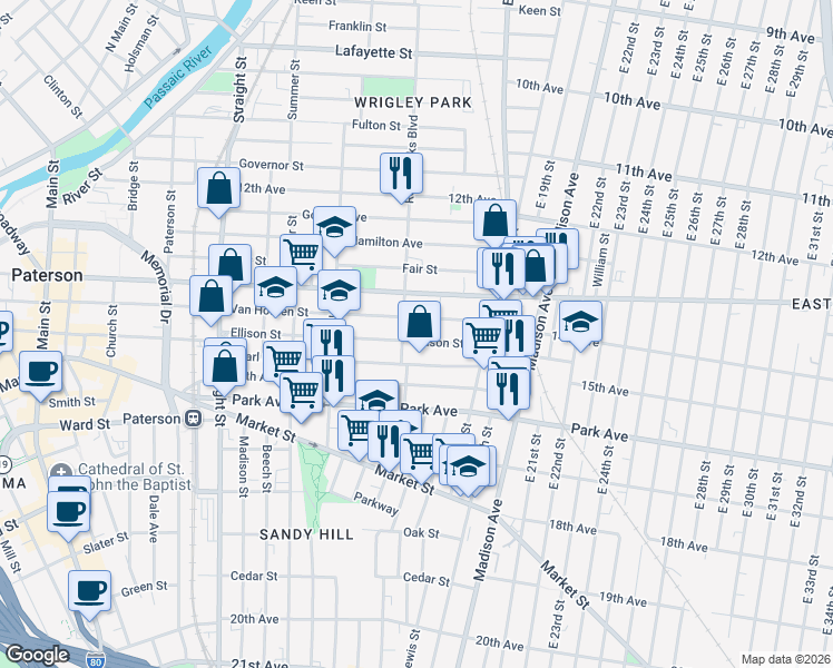 map of restaurants, bars, coffee shops, grocery stores, and more near 426 Ellison Street in Paterson